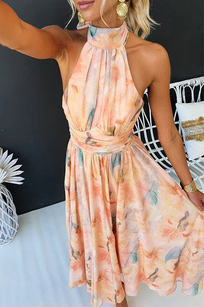 Johanna™ | Halter Neck Open Back Waisted Watercolor Print Maxi Dress