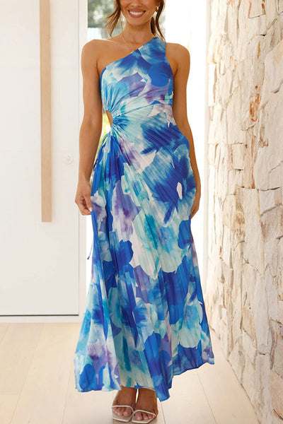 Deja - Floral Print One-Shoulder Pleated Maxi Dress
