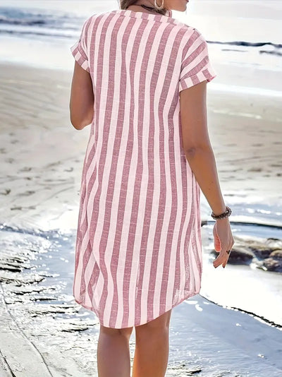 Soline™ | Striped Linen-Look Button Dress