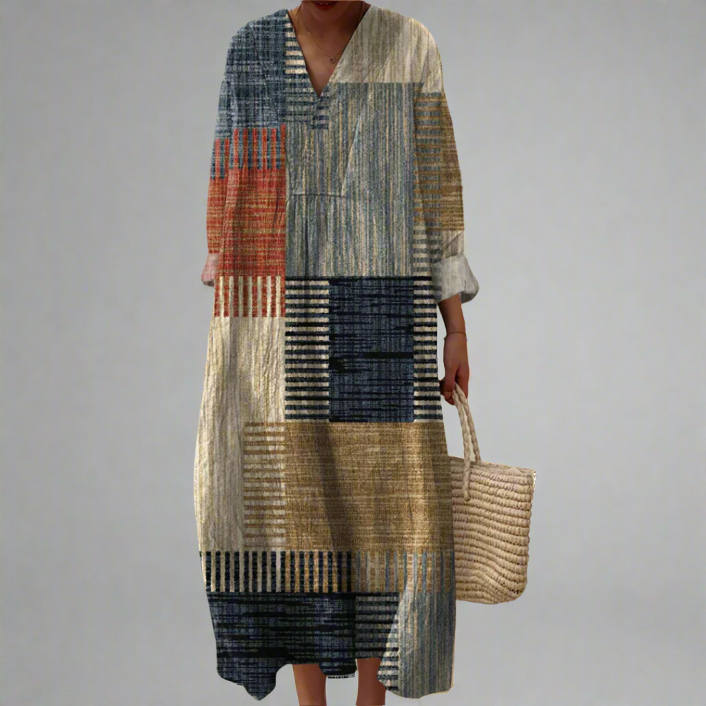 Lorraine - Earth-Toned Patchwork Relaxed Maxi Dress