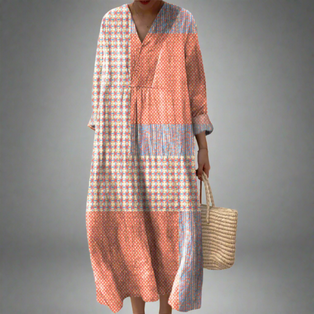 Robyn - Coral Starburst Patchwork Midi Dress