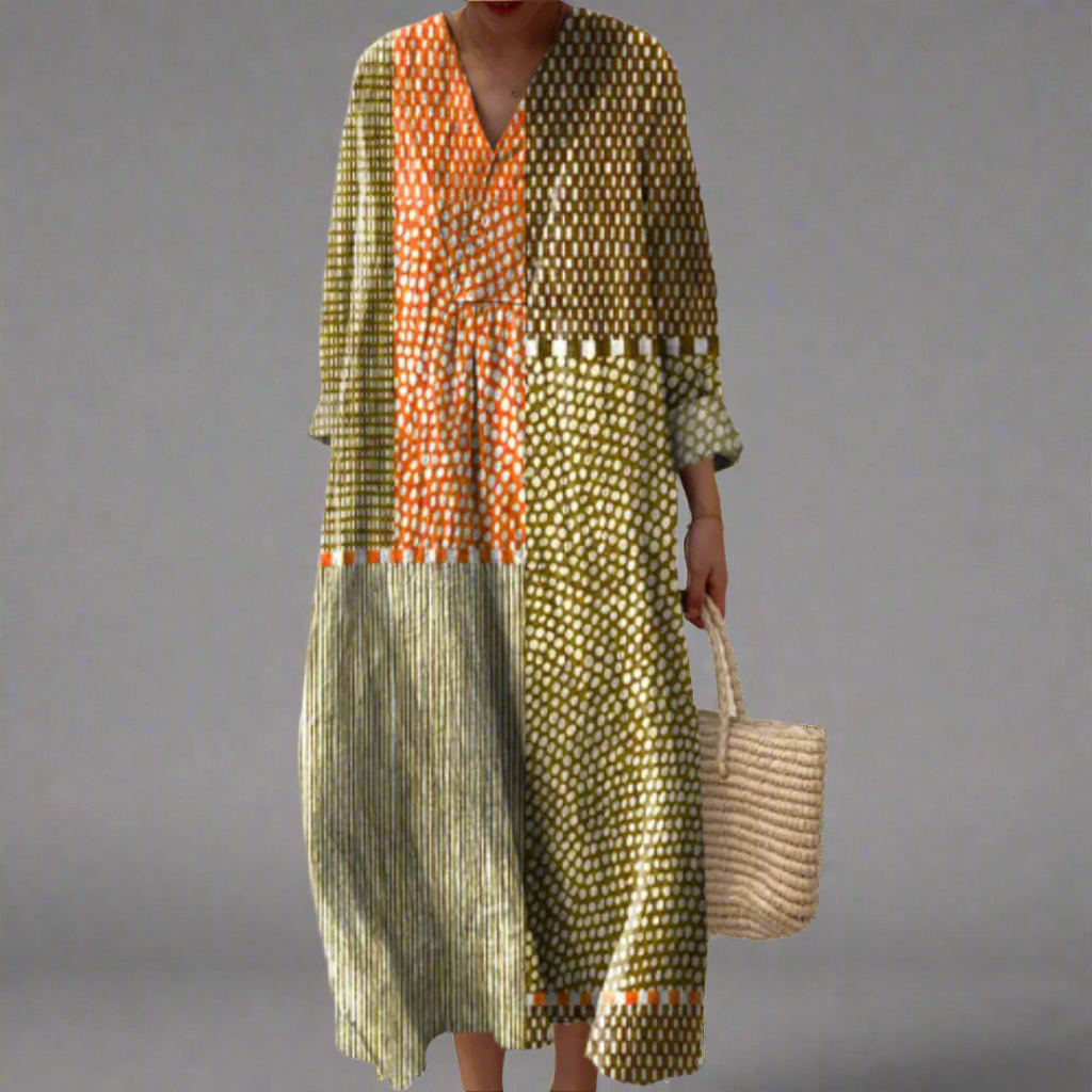 Vivienne™ | Earth-Toned Patchwork Dot Pattern Midi Dress