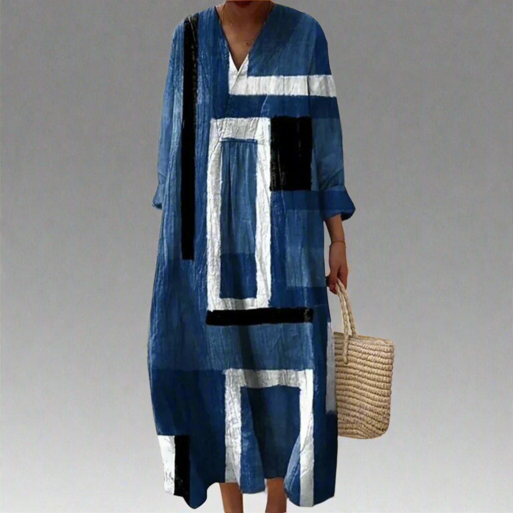 Pauline - Abstract Navy Loose-Fit Maxi Dress