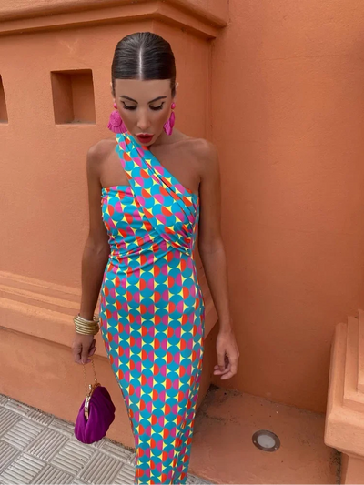 Irmgardi - Colorful Asymmetric Neckline Dress