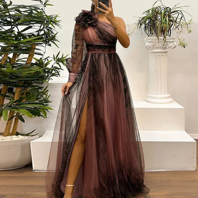 Judith - Trendy One Shoulder Mesh Print Maxi Dress