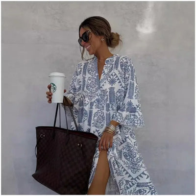 Adeline™ | Printed V-Neck A-Line Skirt Dress