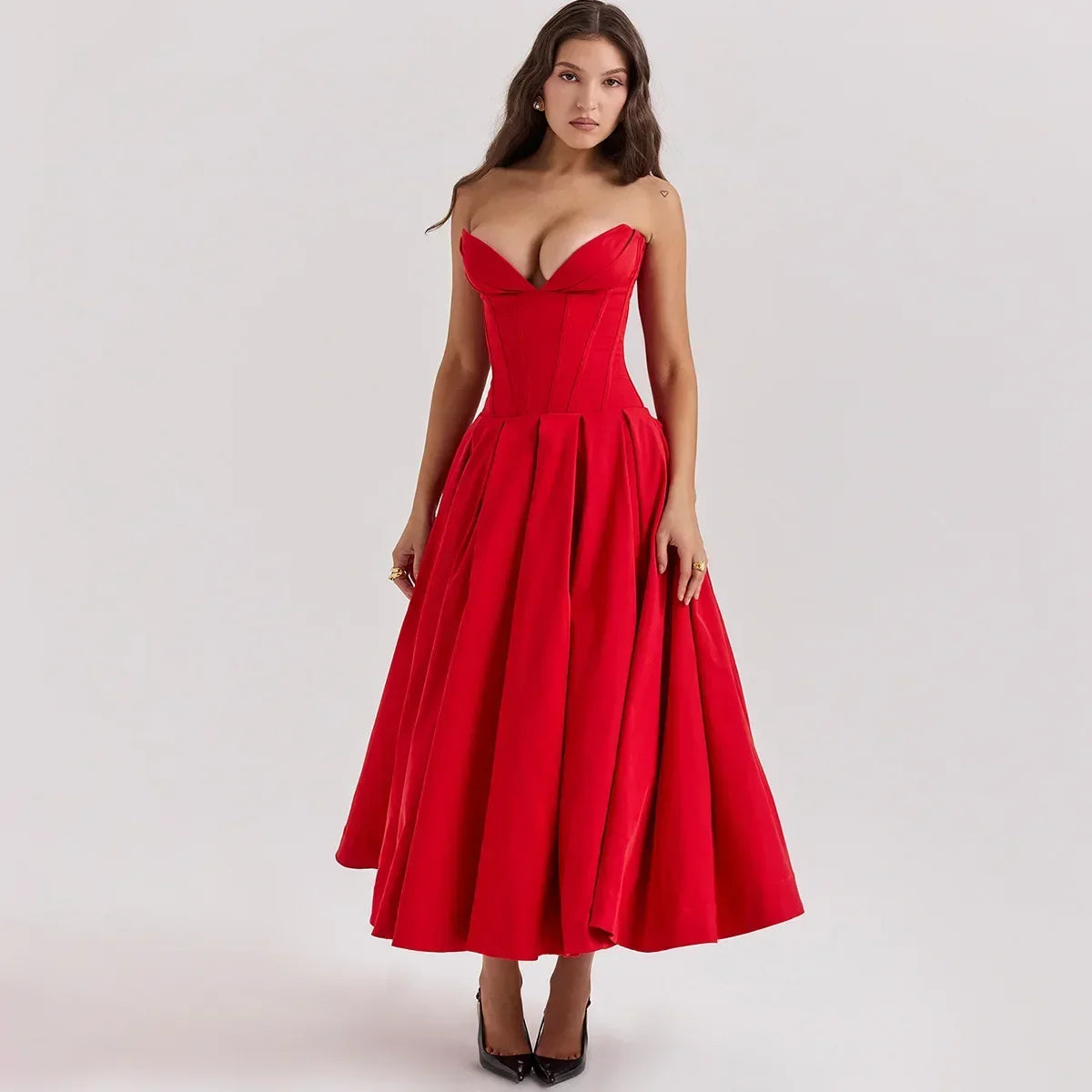 Rafaela - Sleek Strapless Pleated Midi Dress