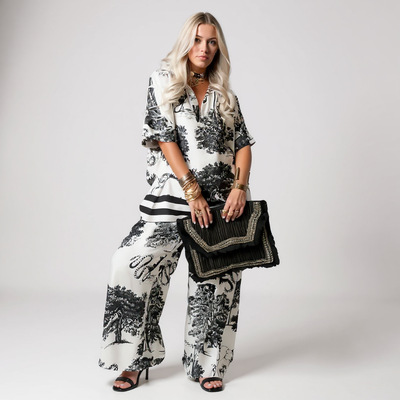 Hazel | Printed V-Neck Top & Long Pants