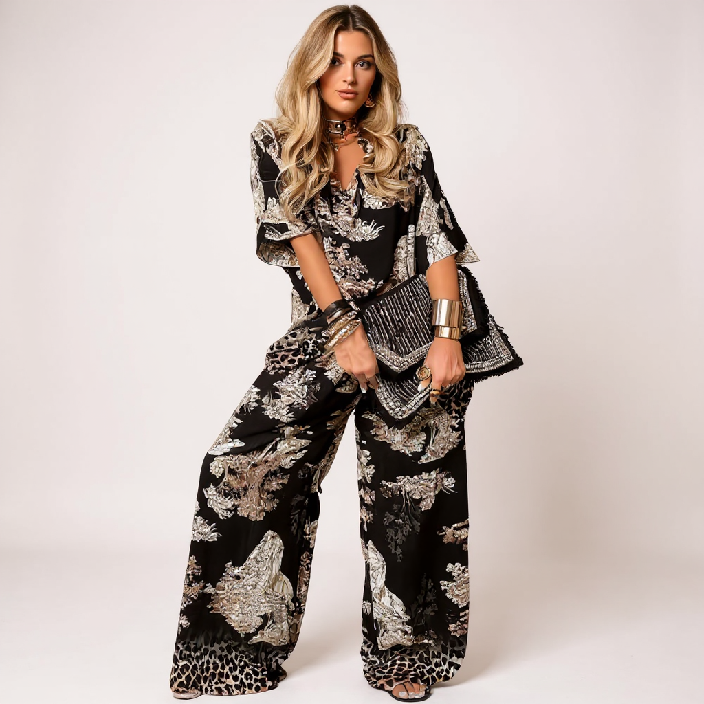 Hazel | Printed V-Neck Top & Long Pants