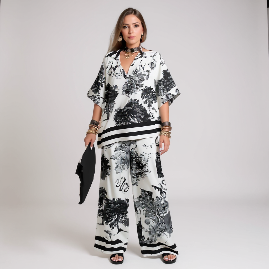 Hazel | Printed V-Neck Top & Long Pants