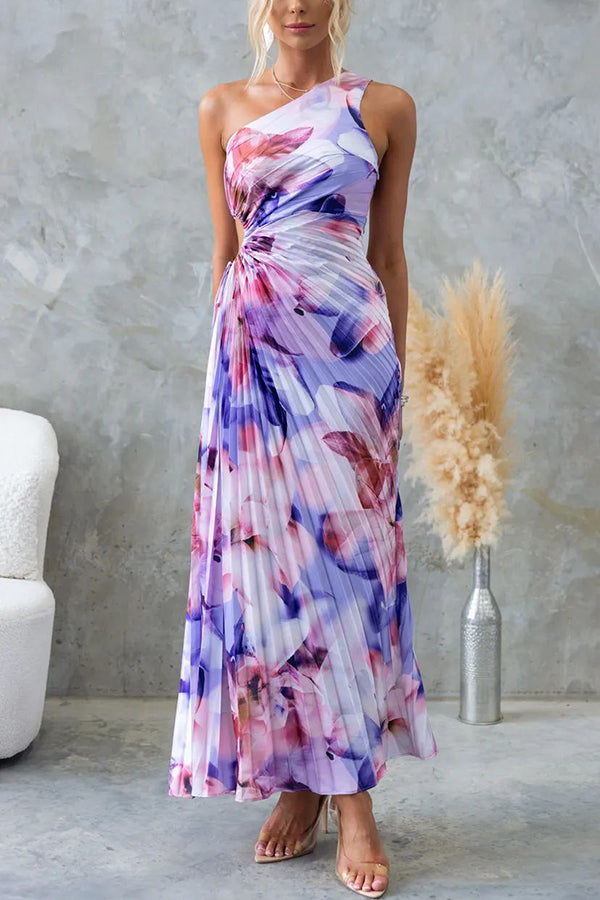 Deja - Floral Print One-Shoulder Pleated Maxi Dress