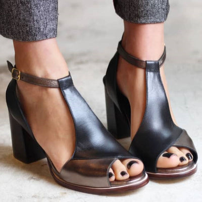 Nadaria | Black patchwork peep toe sandals with heels