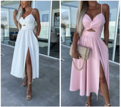 Vanette - Elegant Strappy Front Slit Midi Dress